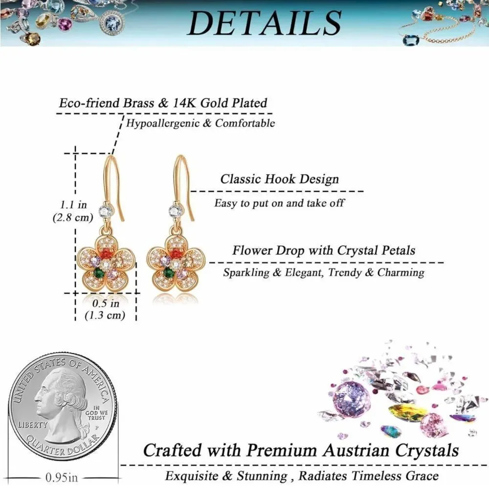 14K Yellow Gold with Multicolor and Diamond Austrian Crystal Flower Earrings